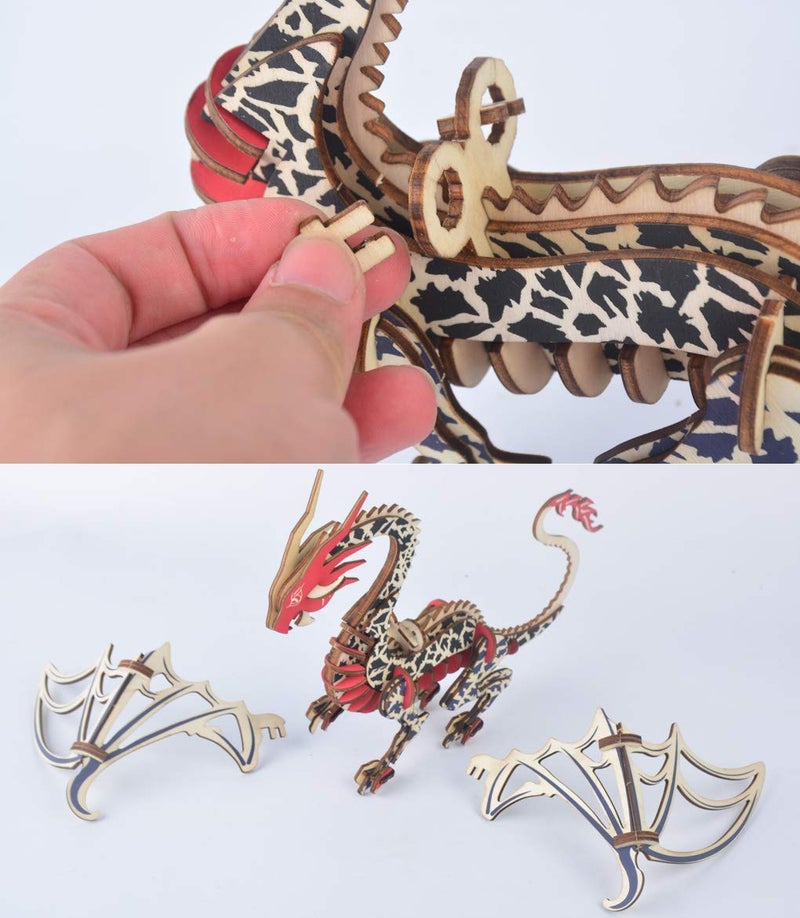 Bitopbi 3D Wooden Puzzles Laser Engraving DIY Safe Assembly Constructor Kit Toy for Teens and Adults World Animal Mechanical 3-D Models for Self-Assembly (G1 Flying Dragon) - Image 3